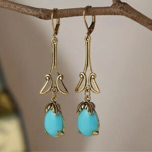 NEW Art Nouveau 18k Gold Plated and Turquoise Blue Stone Elegant Drop Earrings